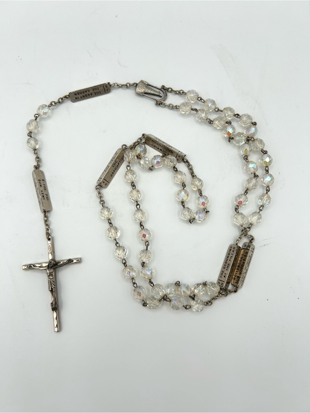Mysteries Rosary Devotional Metal Bead Clear Crystal Necklace Crucifix Italy